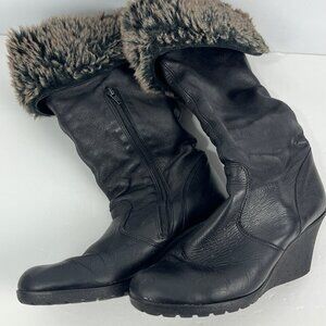 Unbranded Leather Boots Size 9.5 EU 40 Black Almond Toe Wedge Heel 3in Faux Fur